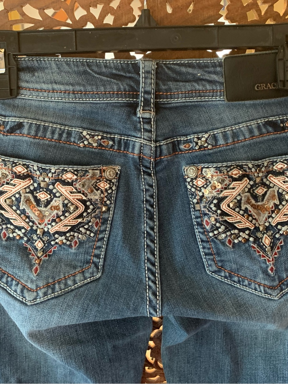 Grace in LA Dark Blue Embroidered Bootcut Jeans - Picture 1 of 4